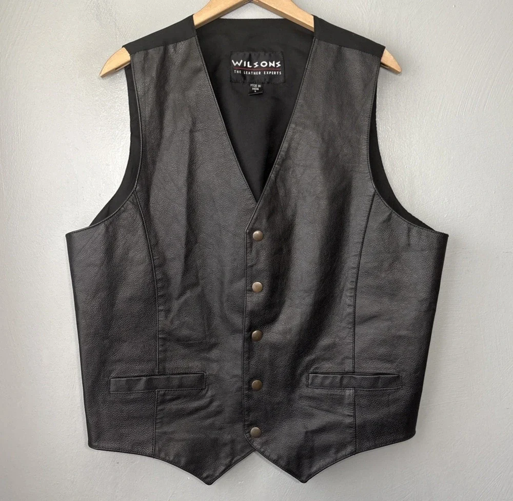 Wilsons Black 100% Leather Vest Men Size Large Snap Waistcoat Biker Western Goth